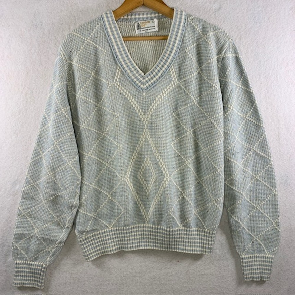 VTG London Fog Mens Argyle Sweater‎ Sz L Heathered Blue Collegiate Ivy League